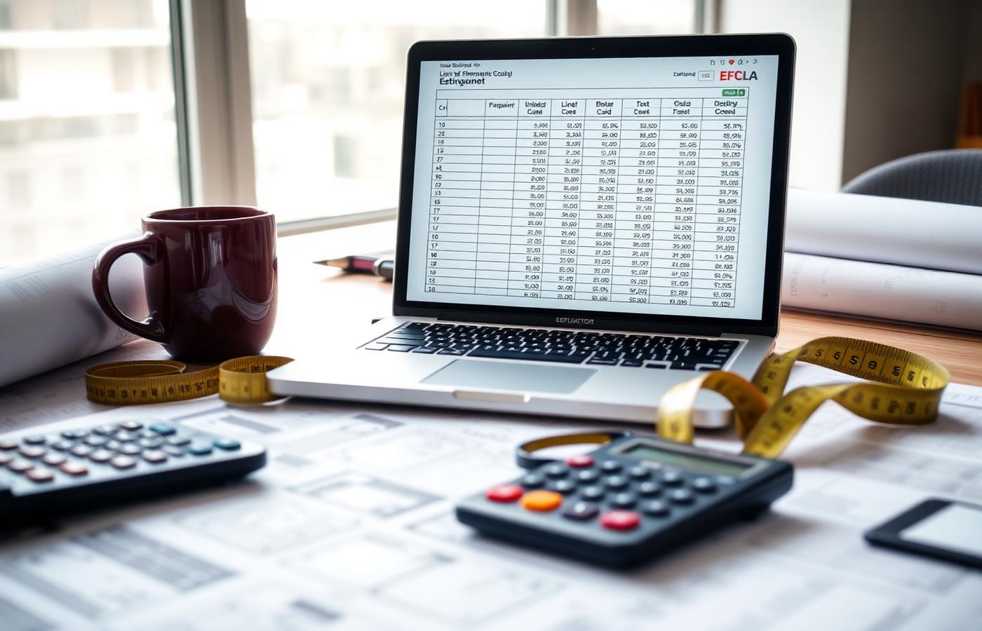 Line-item estimating spreadsheet with blueprints and calculator on a desk