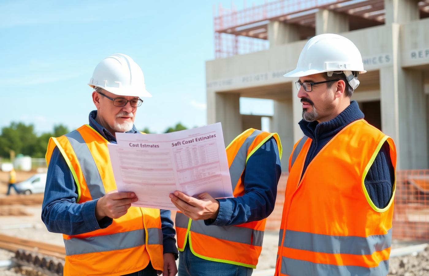 Two estimators reviewing a cost report on a construction site